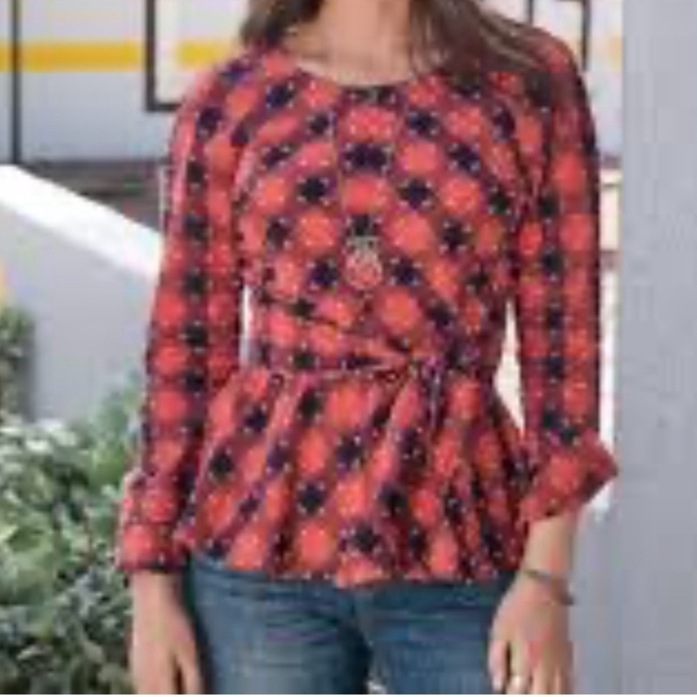 Sundance Catalog My Favorite Plaid Top Swiss Dot Peplum Blouse Size L